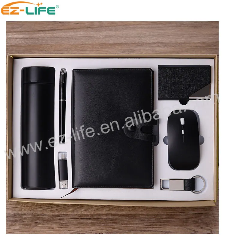 2021executive big box gift sets with Black Vacuum cup Notebook Keychain Waller Pen Power bank and 8G USB Flash disk and mouse