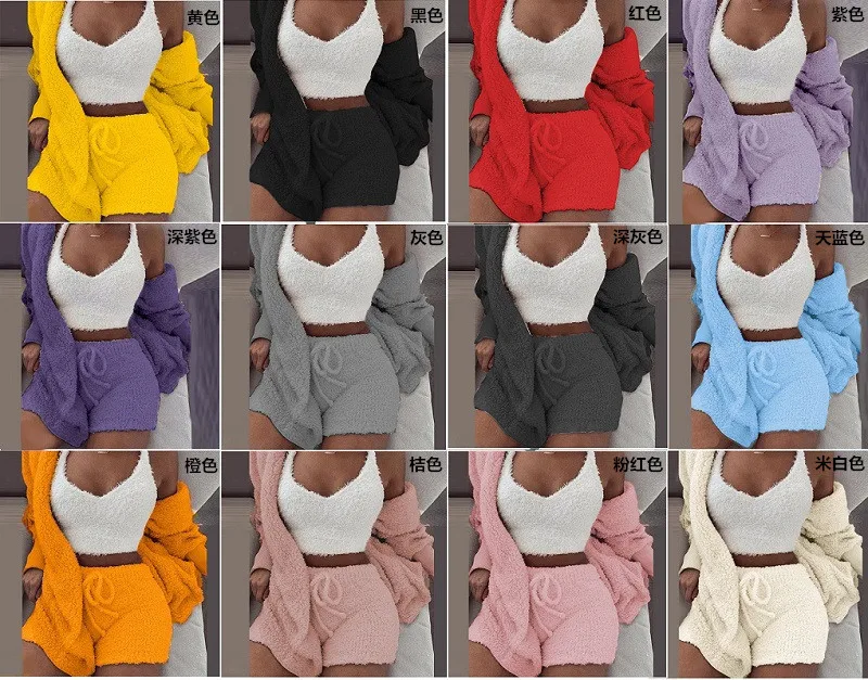 Winter Plush Home Casual Three Piece Pyjamas for Women Set Long Sleeve Crop Vest and Shorts Sets