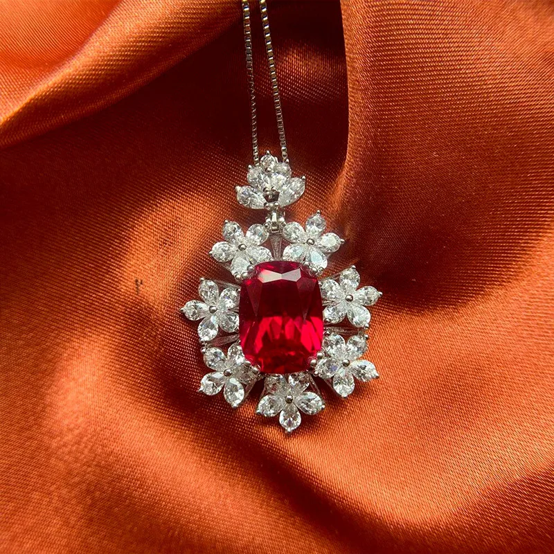 CAOSHI Luxury Ruby Red Gem Flower Shaped Chain Necklace Charm 925 Silver Plated Cubic Zirconia Pendant Ladies Necklace for Women