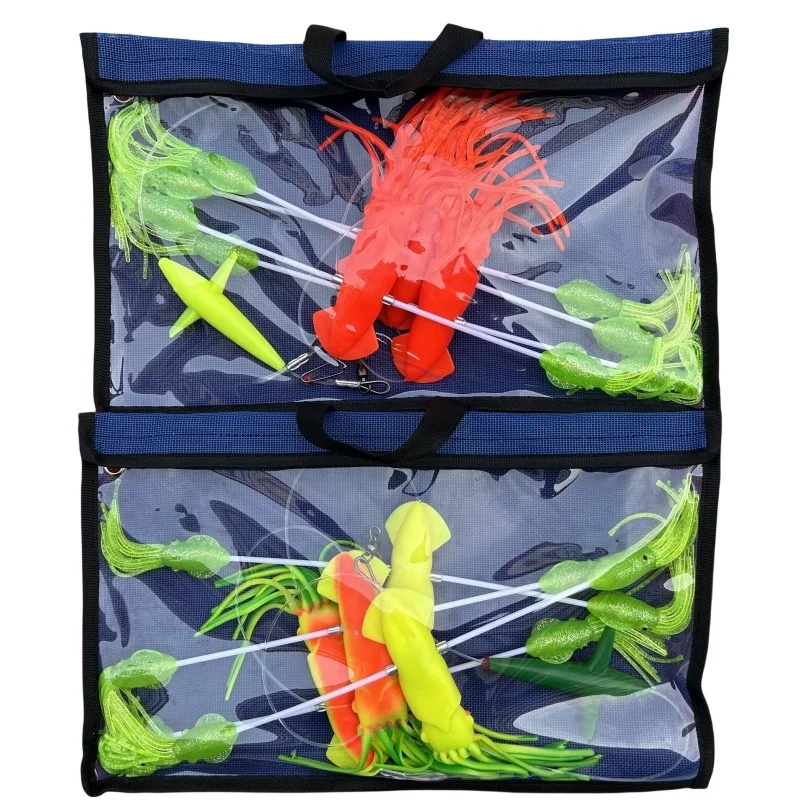 Yousya Bird Octopus Squid Trolling Lure Set Spread Bar W/Fishing Handy Storage Bag Mahi Tuna Marlin