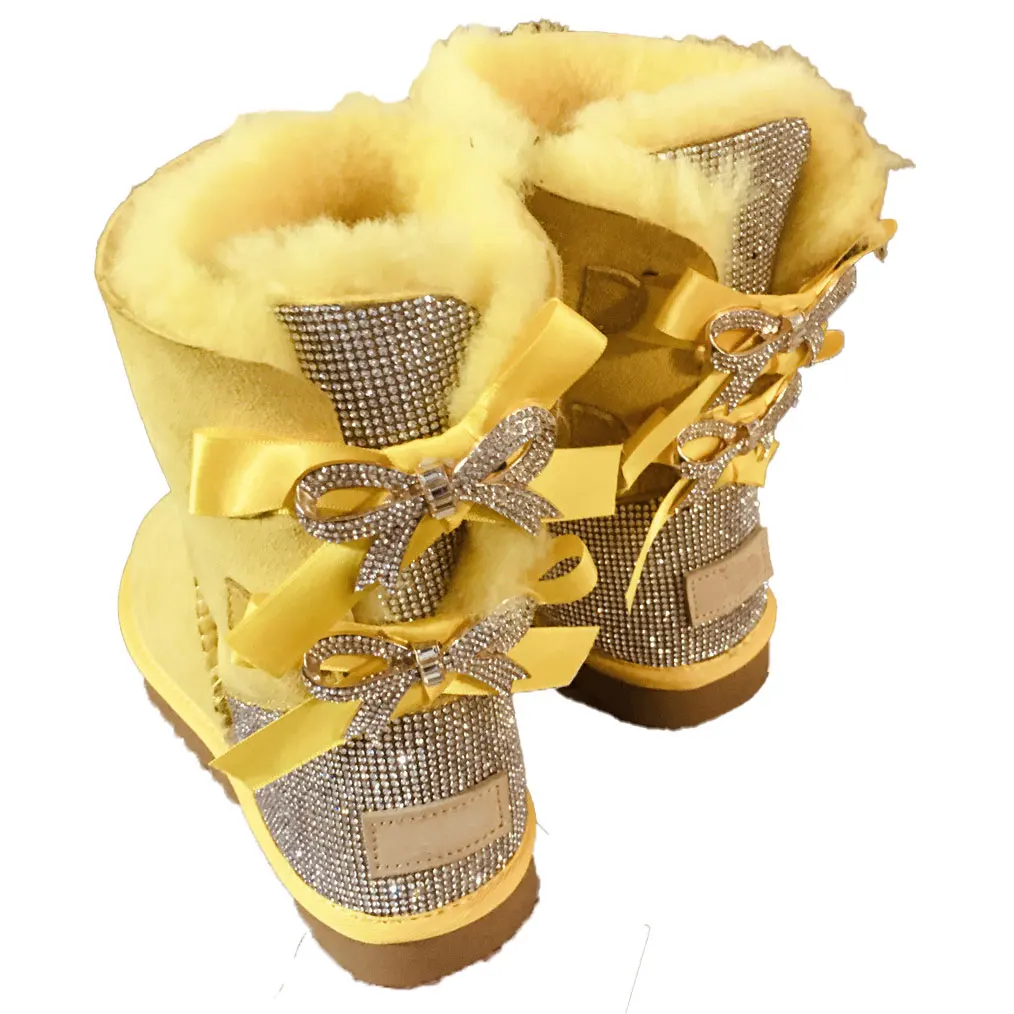 2024 Wholesale fashion ladies sheepskin kids women winter snow ribbon fur boots with bows snoe boots
