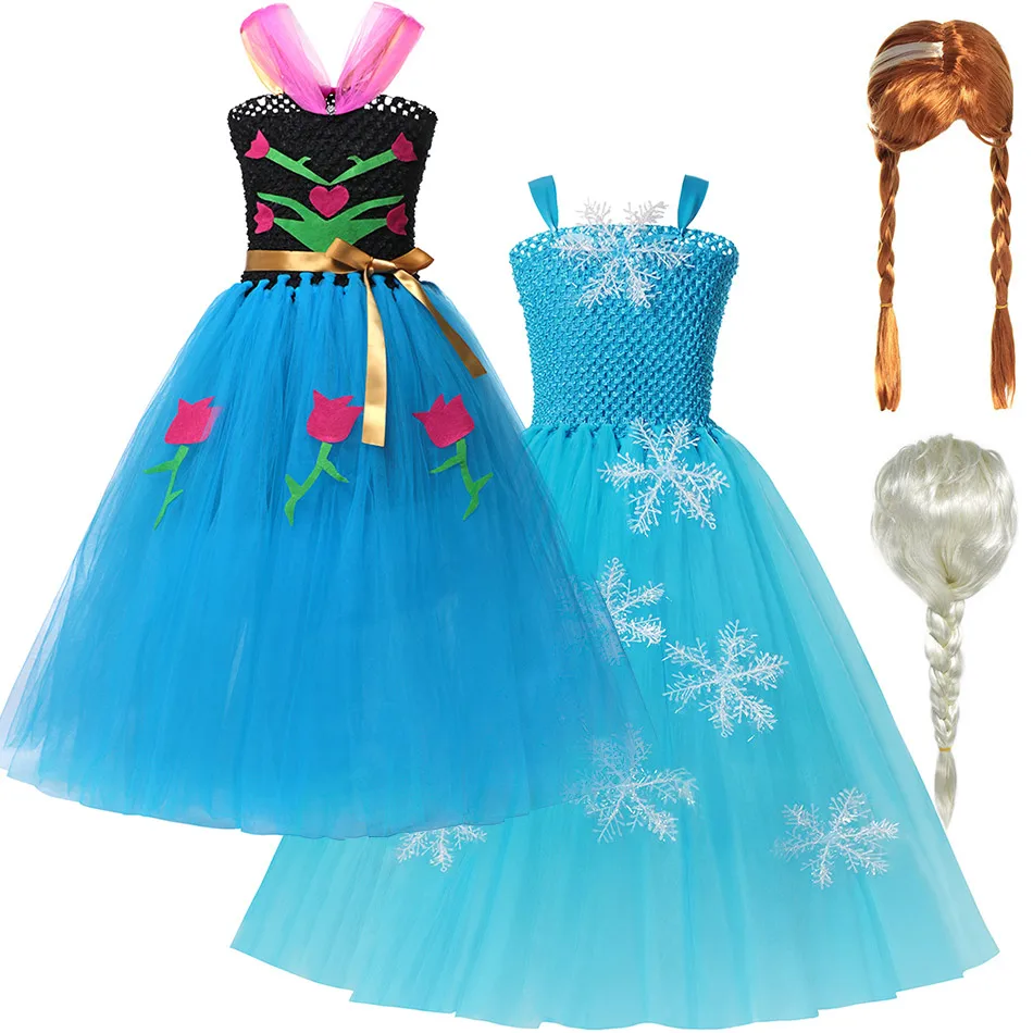 
New Elsa Anna Tutu Dresses Girls Snow Queen Princess Party Costume Little Girls Birthday Fantasy Child Role Play Elsa Frocks 