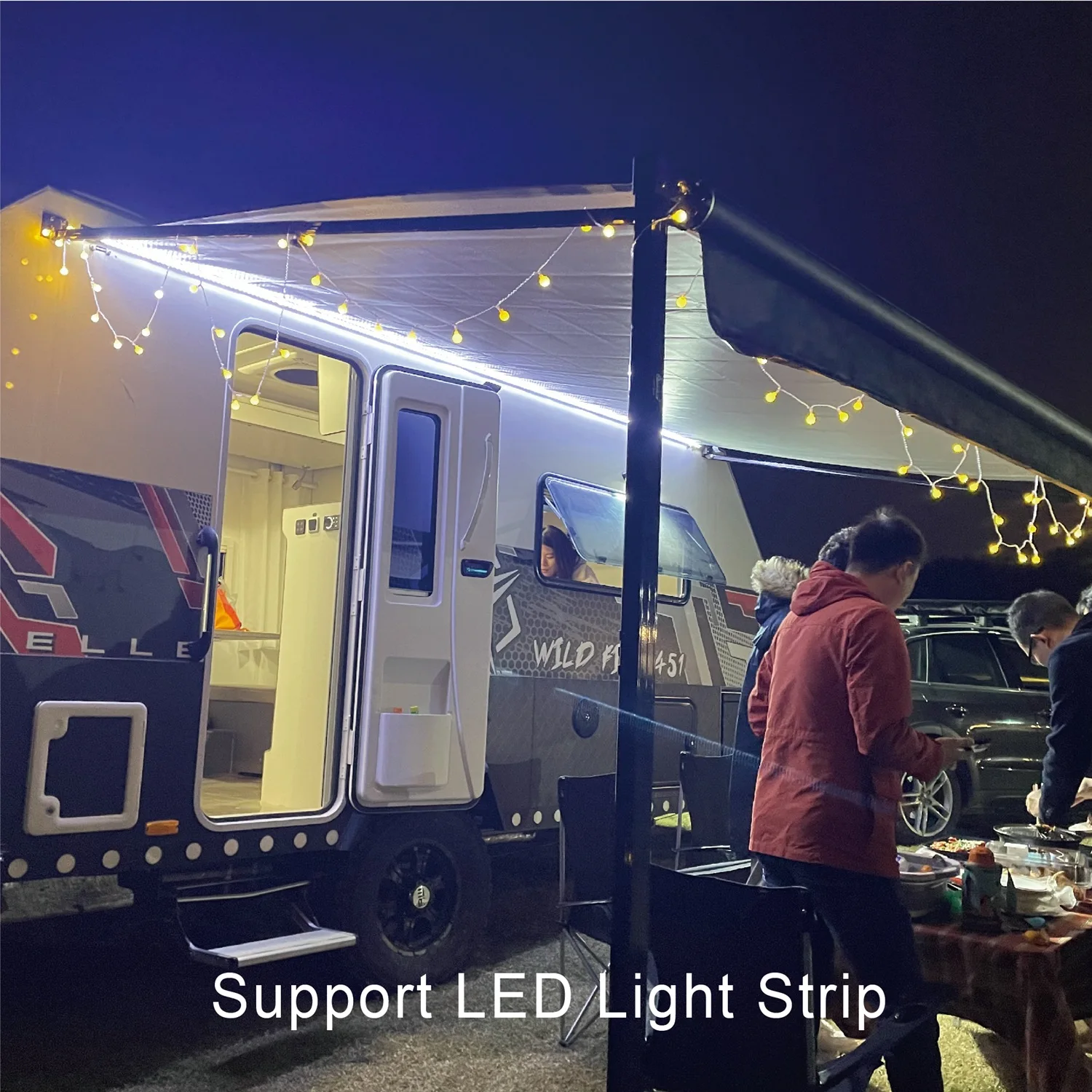 Awnlux W5600 PVC Vinyl Fabric Customized Sizes rv roll up Camping trailer awning with LED Light