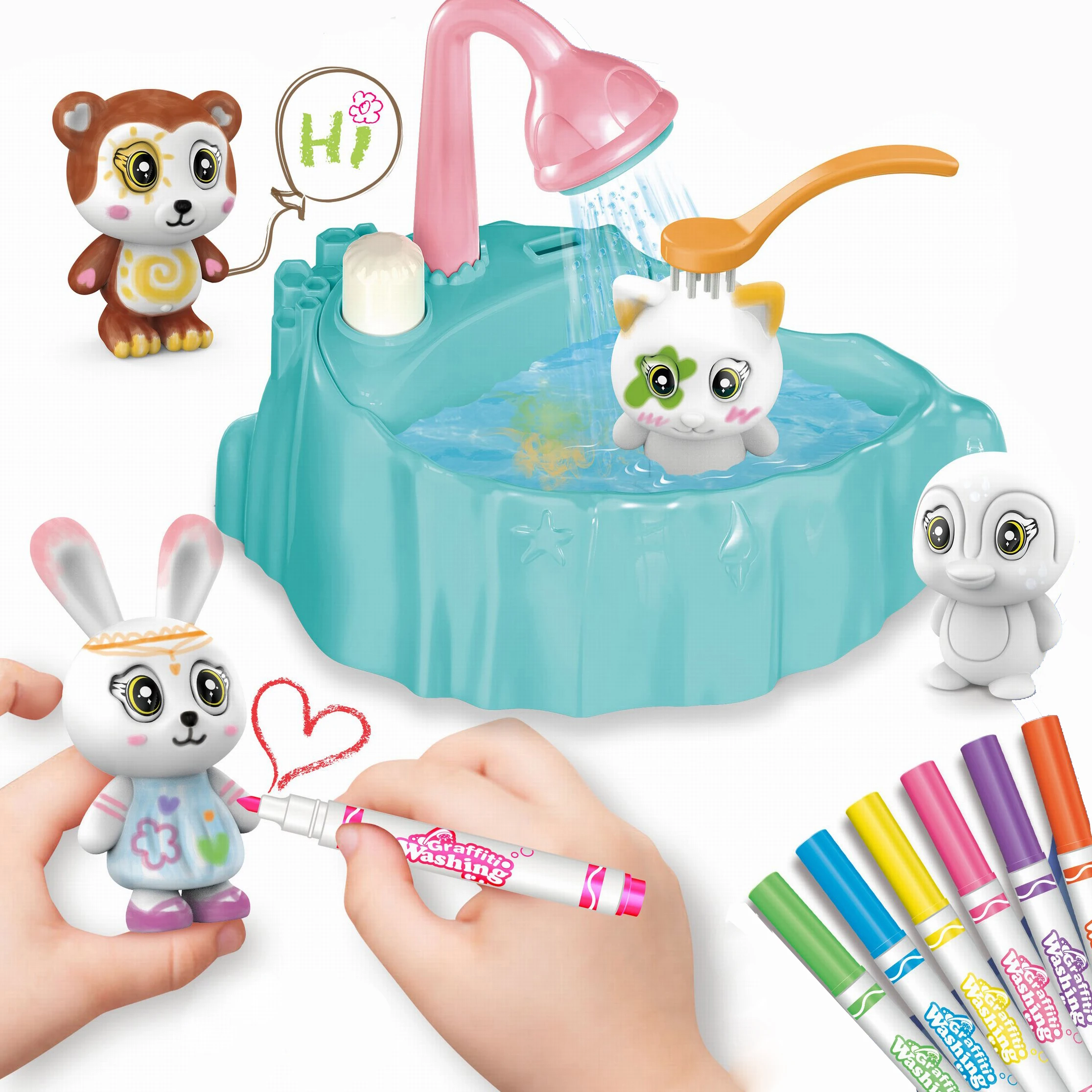 Hot flocking material diy drawing animal washable paint 3D toy doll graffiti& washing set dinosaur bathtub painting pen toys diy