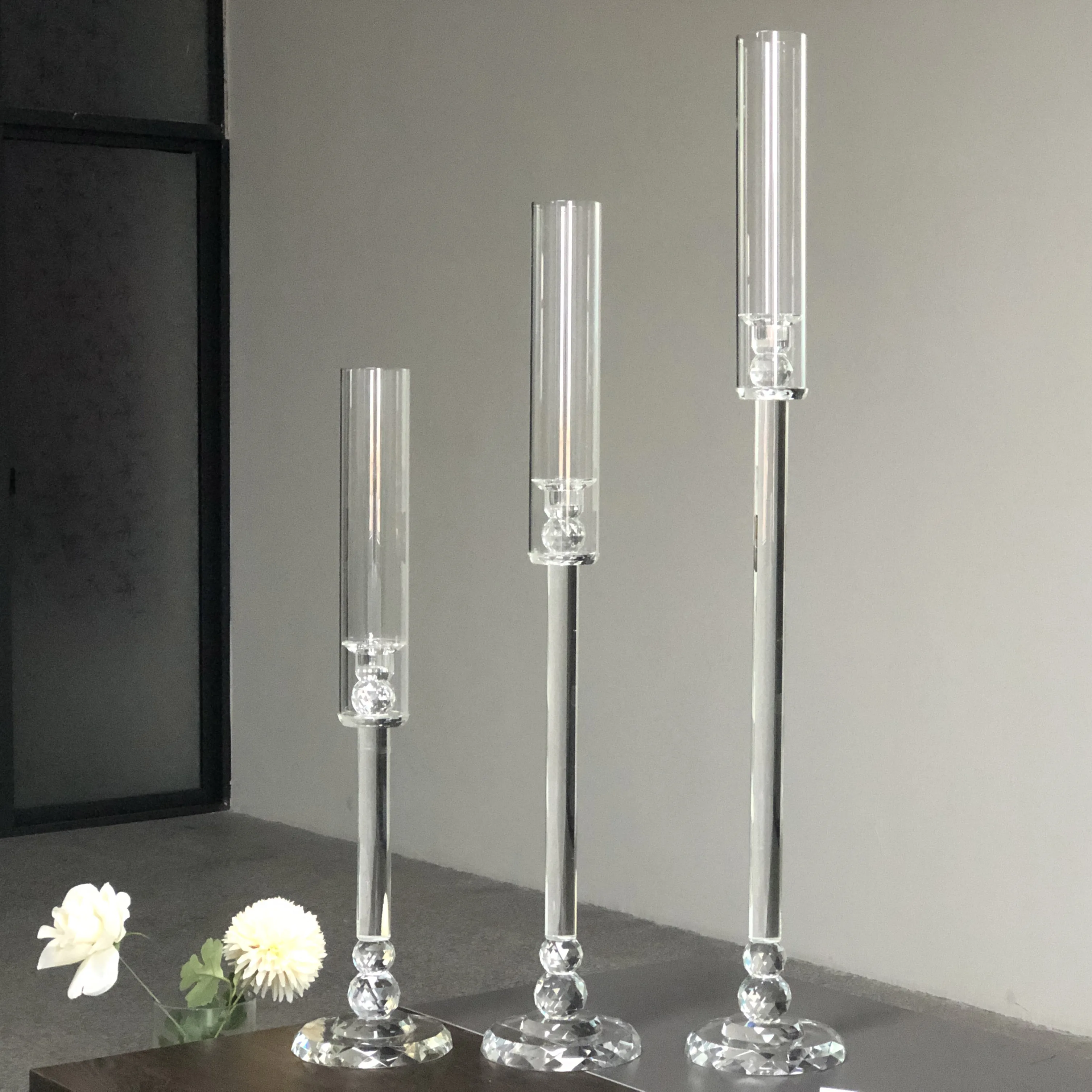 ZT-043  crystal cylinder hurricane glass candle holder set of 3 for wedding table decoration