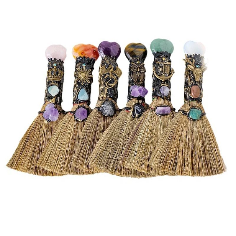 Wholesale Folk Heart-shape Gem Magic Broom Crystals Witch Broom For Energy Healing Crystal Crafts Gift