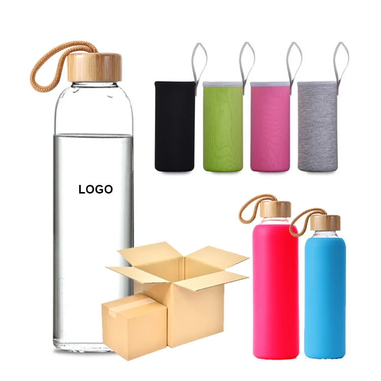 550ML  Dishwasher Safe Borosilicate Glass Water Bottle with Cloth Sleeve and Stainless Steel Lid