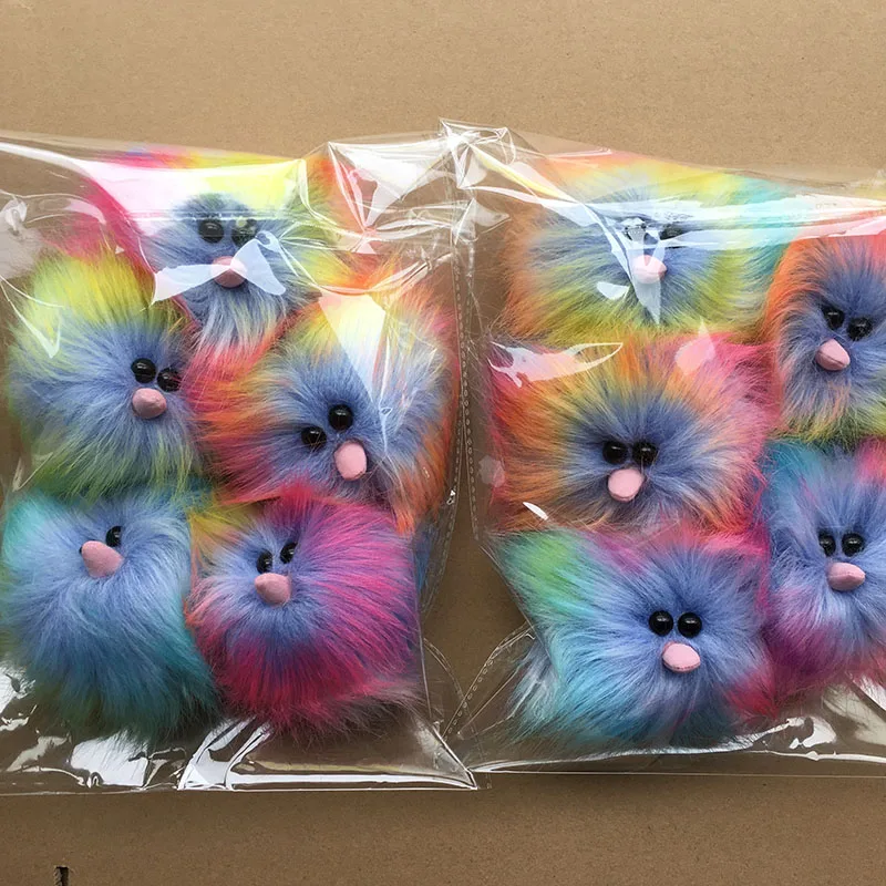New cute rainbow ostrich soft fluffy fox fur plush ball pompom pendant plastic keychain gift car pendant