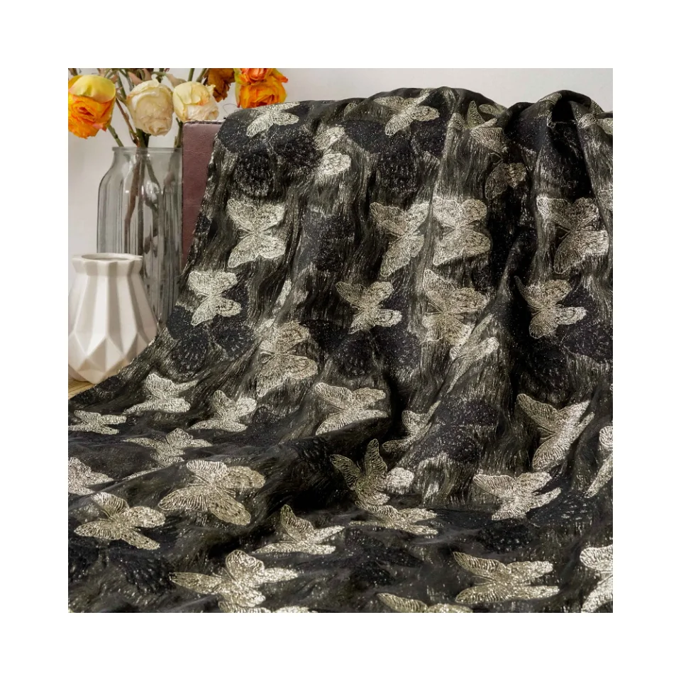 gold silk butterfly jacquard beautiful dress fabric by elegant black dress yarn-dyed shaggy skirt decorative fabric