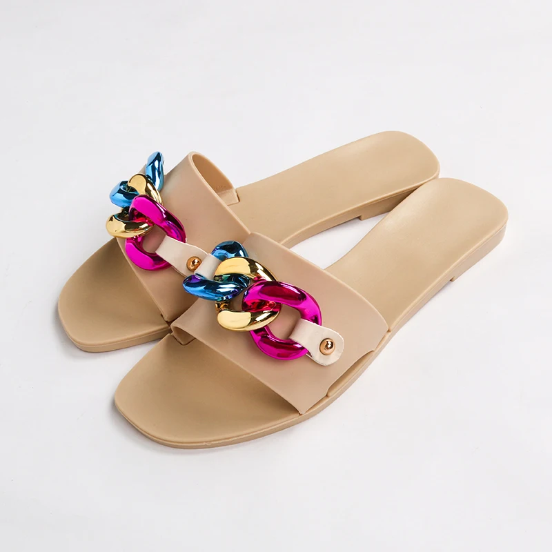 2021 New high quality fashion trend colorful chain flat PVC jelly slippers flip-flops for women Jelly sandals