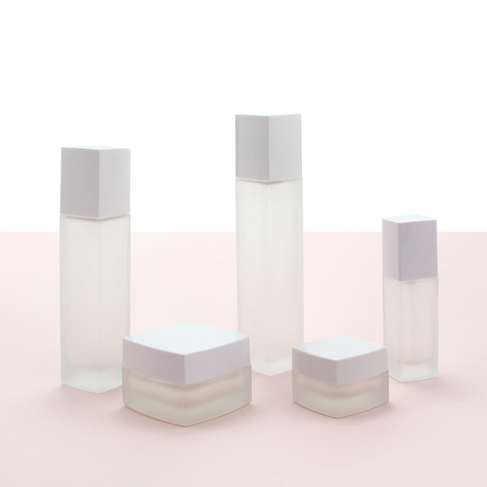 Wholesale thick bottom rectangle frosted glass cream jar and body lotion pump bottle for skincare packaging