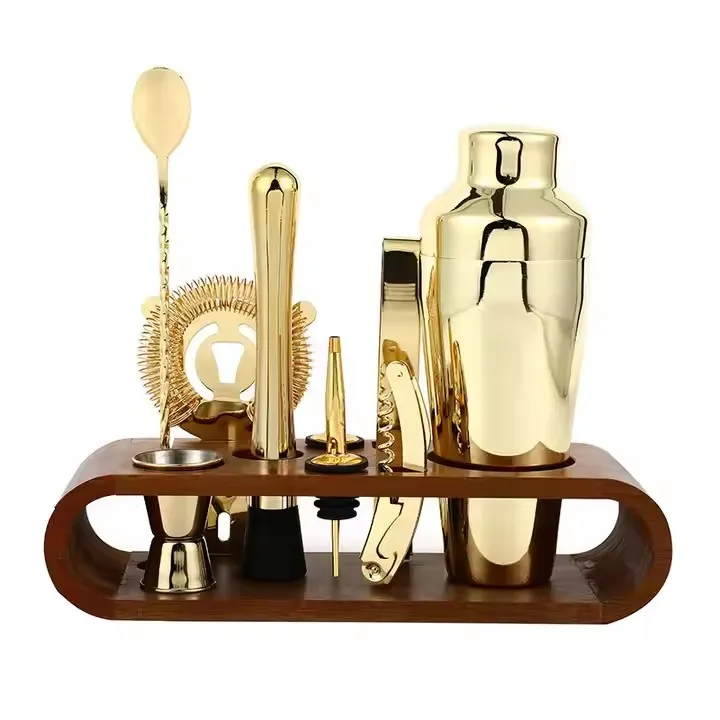 9-piece Set Gold Stainless Steel Bartending Tools Bar Boston Shaker Cocktail Kit with Wooden Holder Rack for Home & Bar