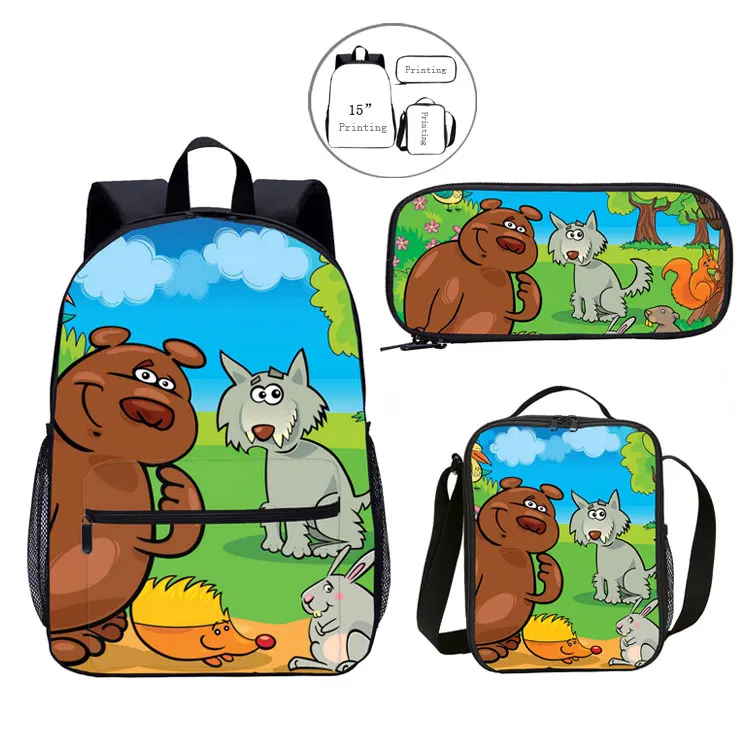 LOW MOQ 3 set wholesale book bags with lunch bag, 3pcs set custom cartoon kids school bag set backpack