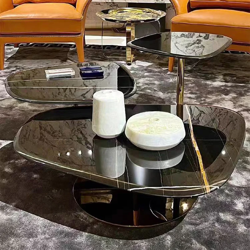 Italian Light Luxury Stainless Steel Black Gold Marble Top Living Room Furniture High-end Coffee Table