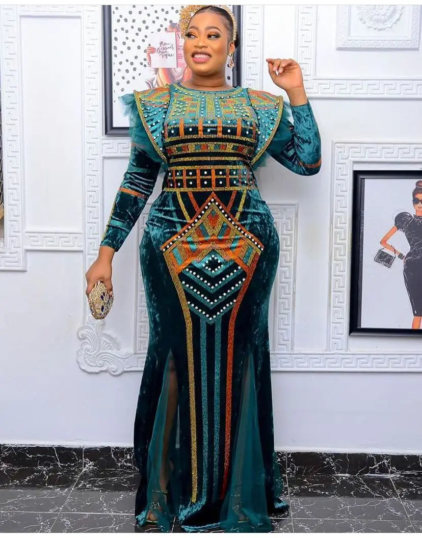 African Fashion Velvet Elegant Luxury Noble Temperament Diamond Long Evening Dress Turkey Ladies Wedding Party Outfits