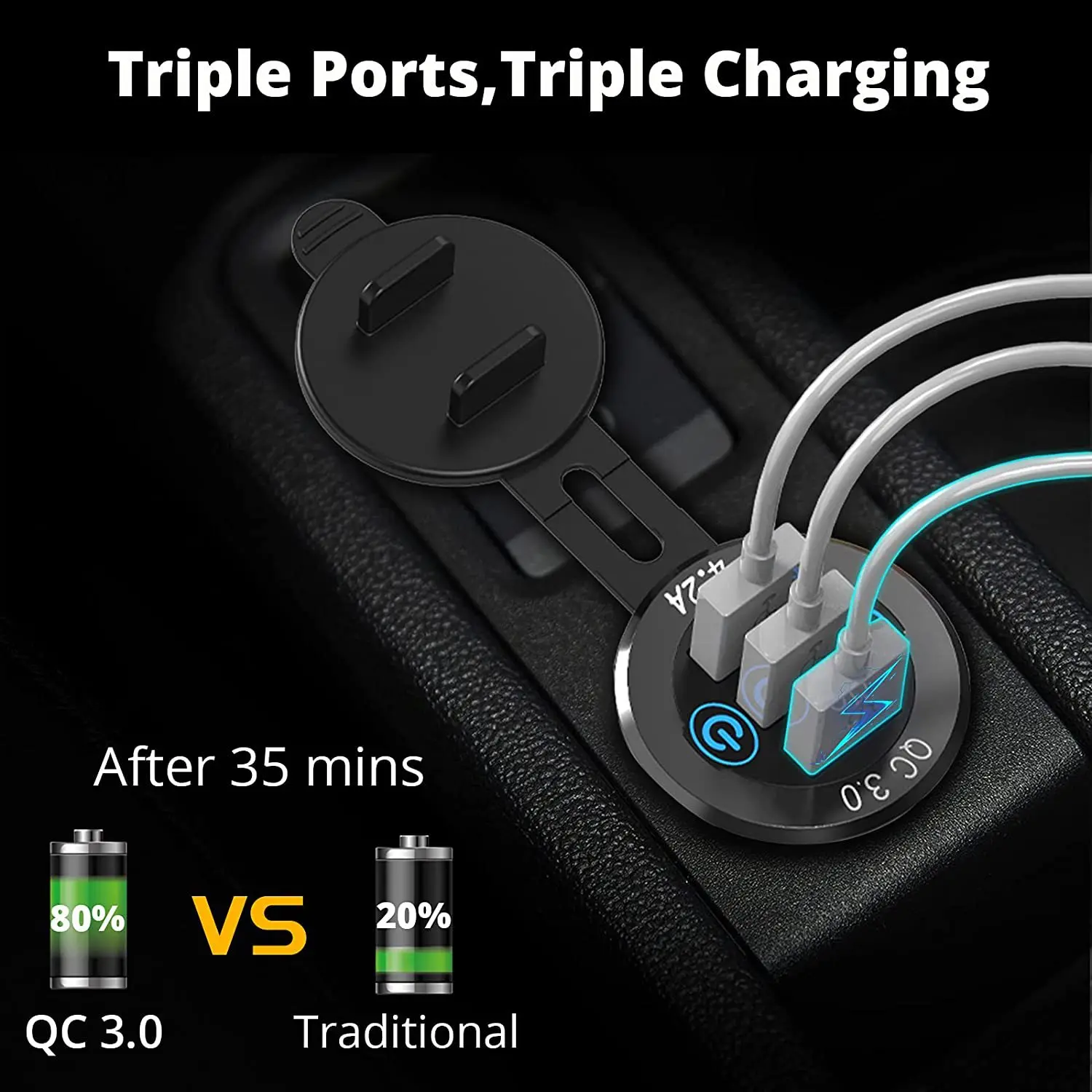 Car USB Charger Socket 12V-24V USB-C Dual QC3.0 PD Ports with Power Switch Fast Car Charger Socket for Car Marine RV Motorhome
