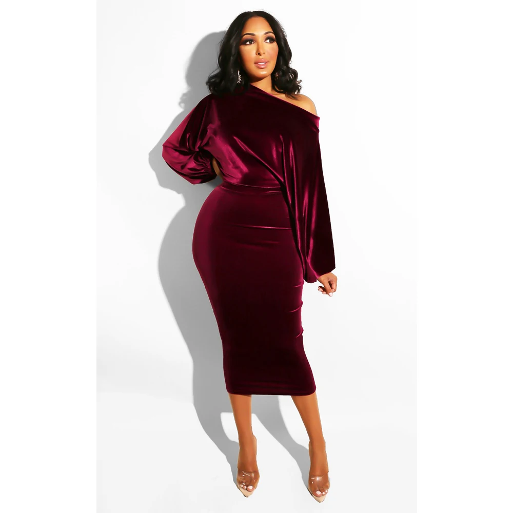 2021 Wholesale Fall Fashion One Shoulder Bodycon Woman Puff Sleeve Velvet Club Dress