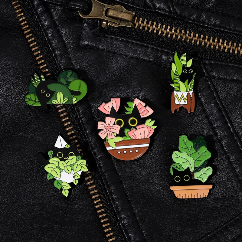 Wholesale Black Cat Brooch Custom Cat in Green Potted Plant Cute Fun Metal Cartoon Lapel Badge Soft Enamel Pin Bag Accessories