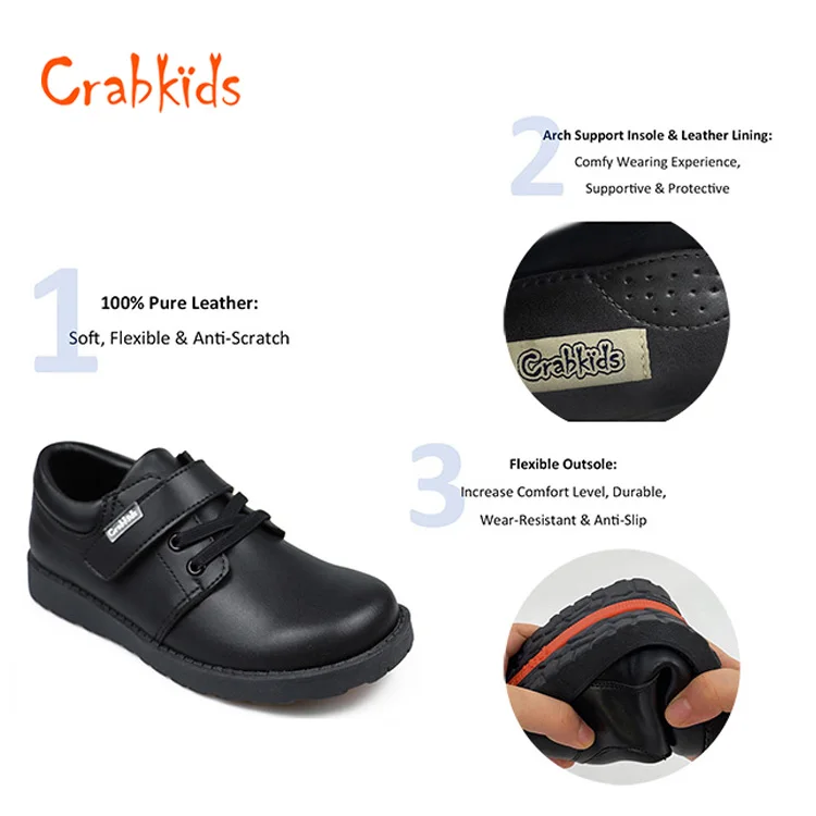 Crabkids Factory Black Leather Boys School Shoes Wholesale Price School Shoes for Boys