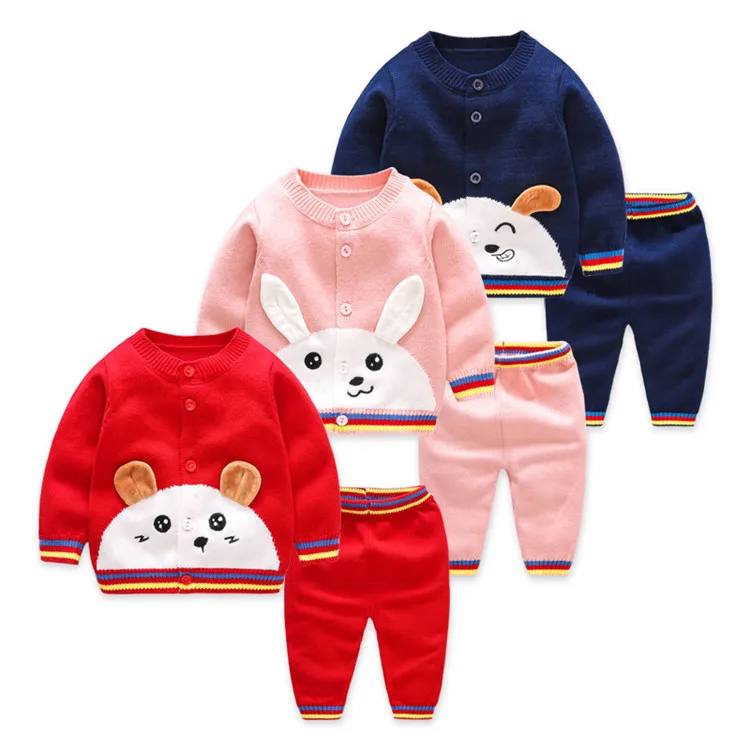 
two piece cartoon crochet knit kids sweaters winter fall baby sweater sets for girls 