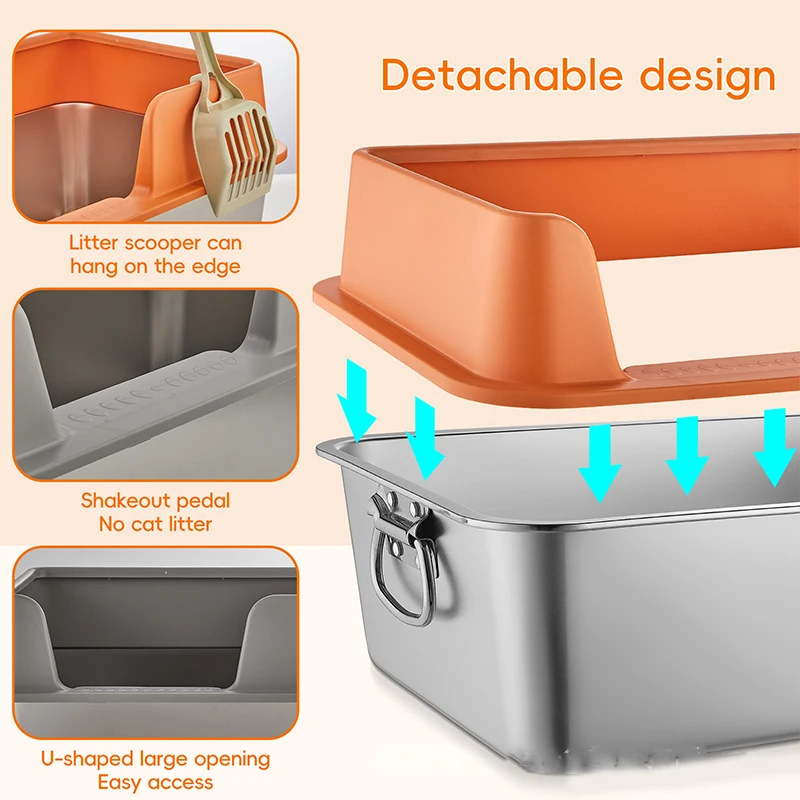 Extra Large Metal Litter Box High Sided Easy Clean  Anti-Leakage  Non-Sticky OdorsStainless Steel Cat Litter Box with Lid