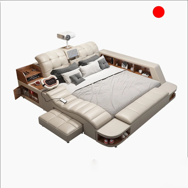 
Modern bedroom furniture leather intelligent bed with massage function and projector audio master bedroom storage smart bed 