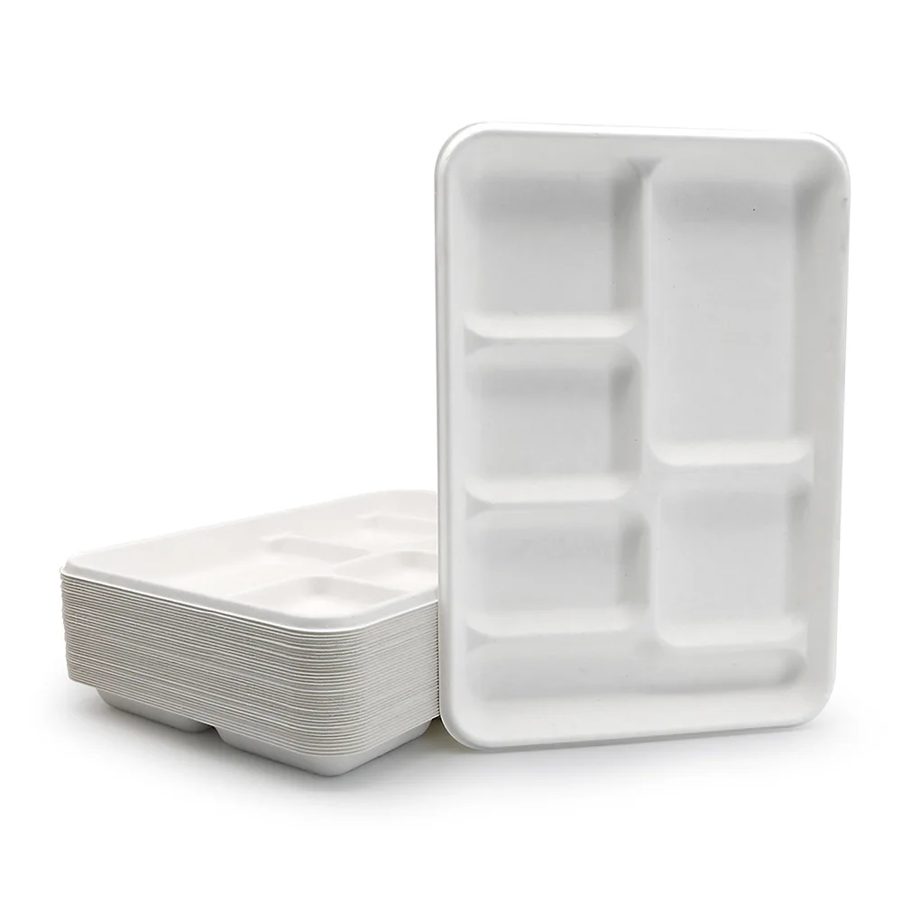 Biodegradable Disposable Recyclable Pulp 3 5 6 Compartment Sugarcane Bagasse Plates Fast Food Container Tray