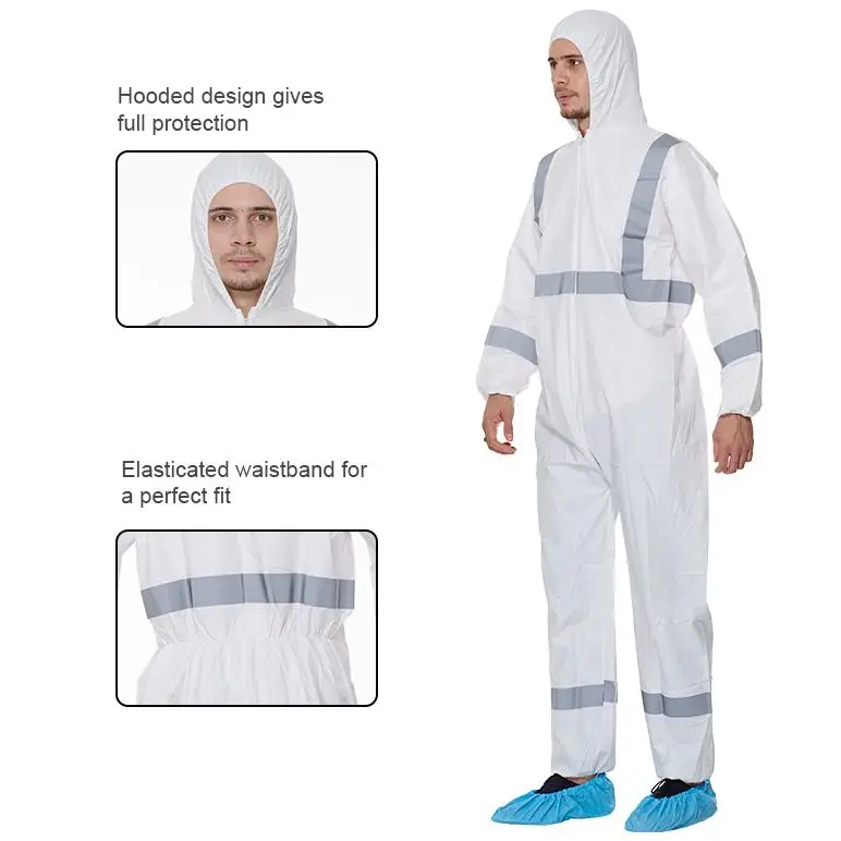 High Visibility Disposable Coveralls With Reflective Taps White Reflective Safety Overall Disposables Rain Proof