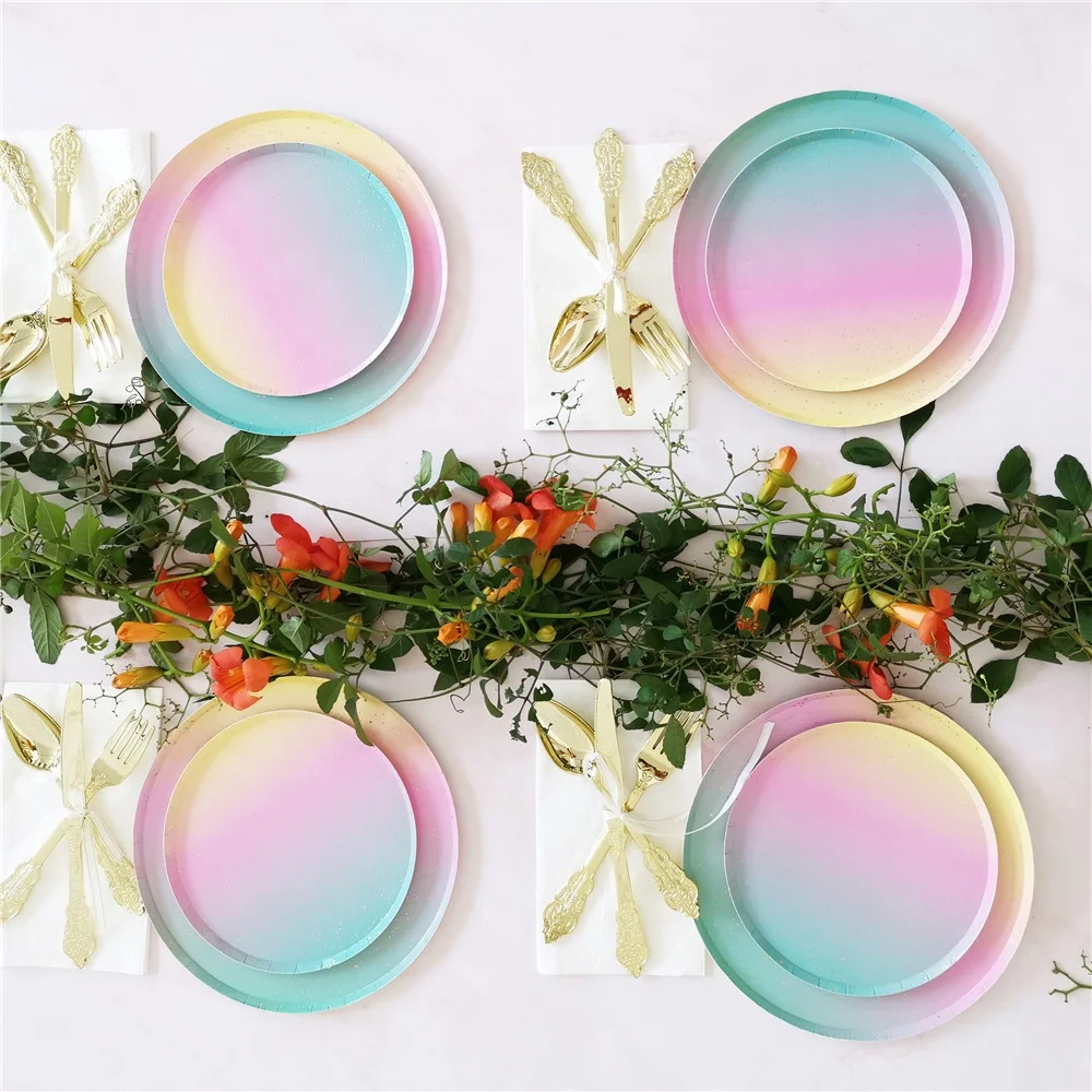 7inch Pink Mint Gradient Ramp Tableware Birthday Party Decorations Party Supplies Disposable Plates Paper Plate Set for Wedding