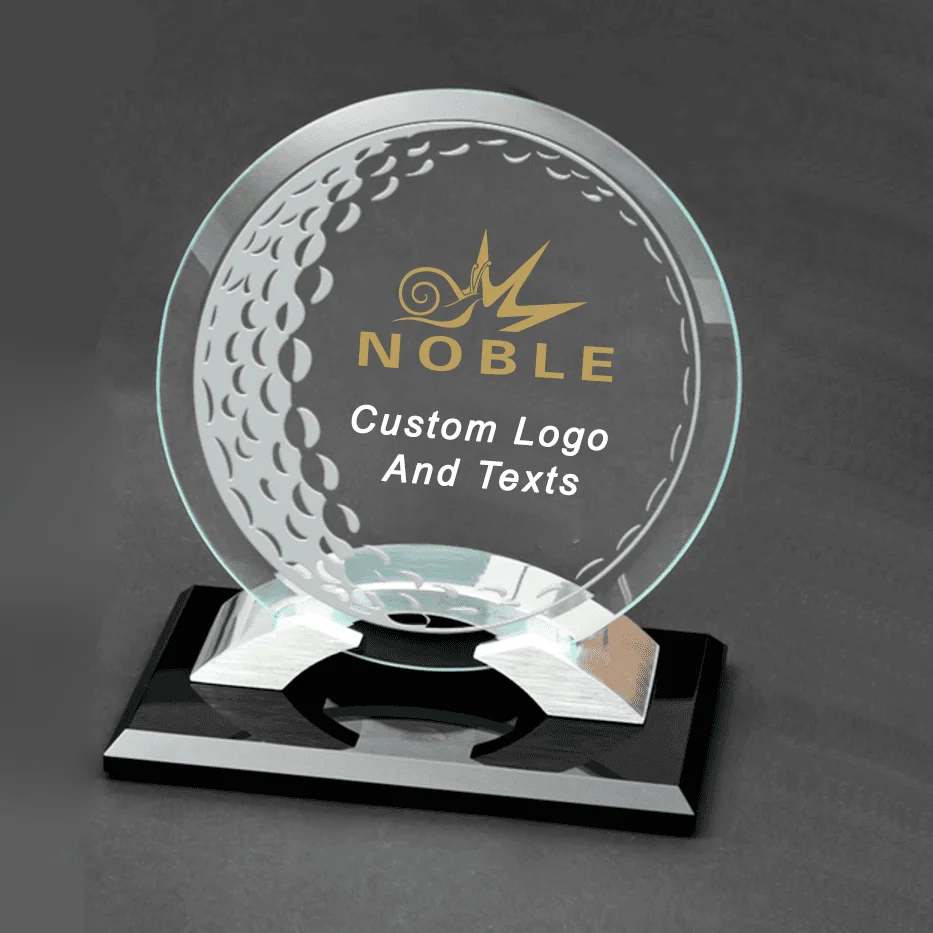 Noble Awards Custom Glass Golf Trophy Award Hand Craft Round Plaque With Polished Golf Glass A Hole In One Plaque