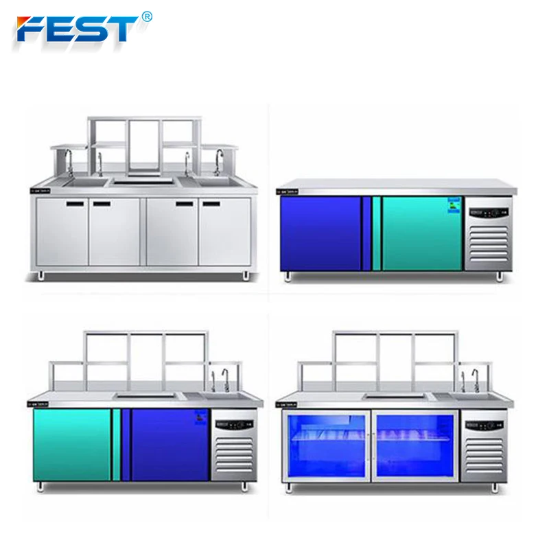 FEST Wholesale Counter Design Customized Bubble Tea Equipment Freezer Sink Taps Trash Bin Other Hotel Stainless Steel Tables