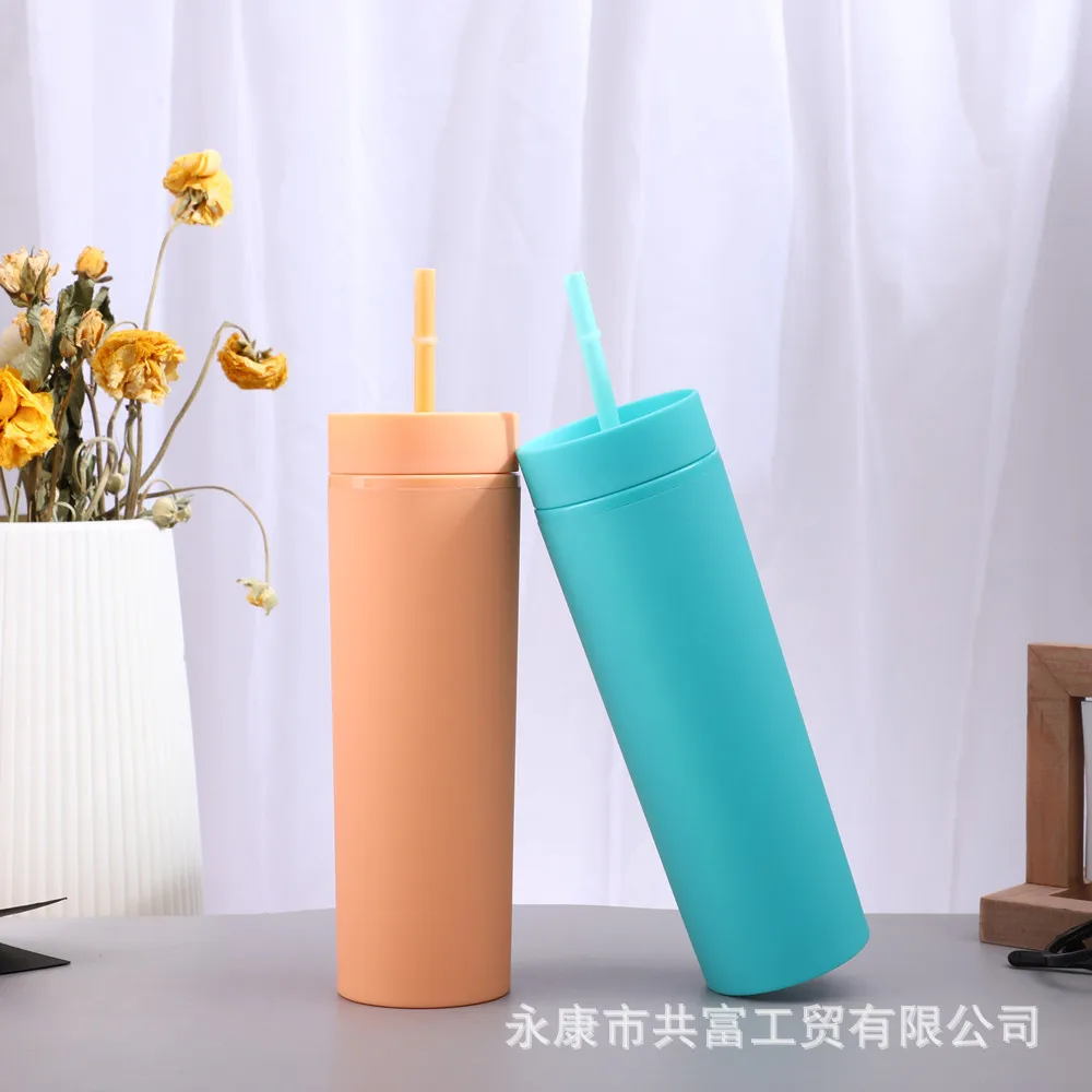 
Frosted Rubber Plastic Painted Straight Skinny 16oz Tumbler Sports Water Cup Tumbler with Straws 