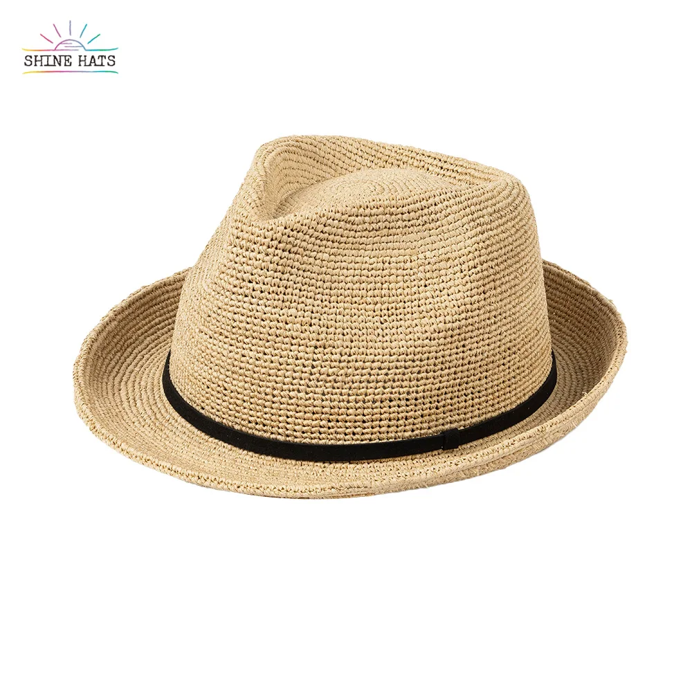 Shinehats 2023 OEM Vintage Jazz Straw Hat Crochet Raffia Sun Summer Beach Sombreros Women Ladies Custom crownless straw hat