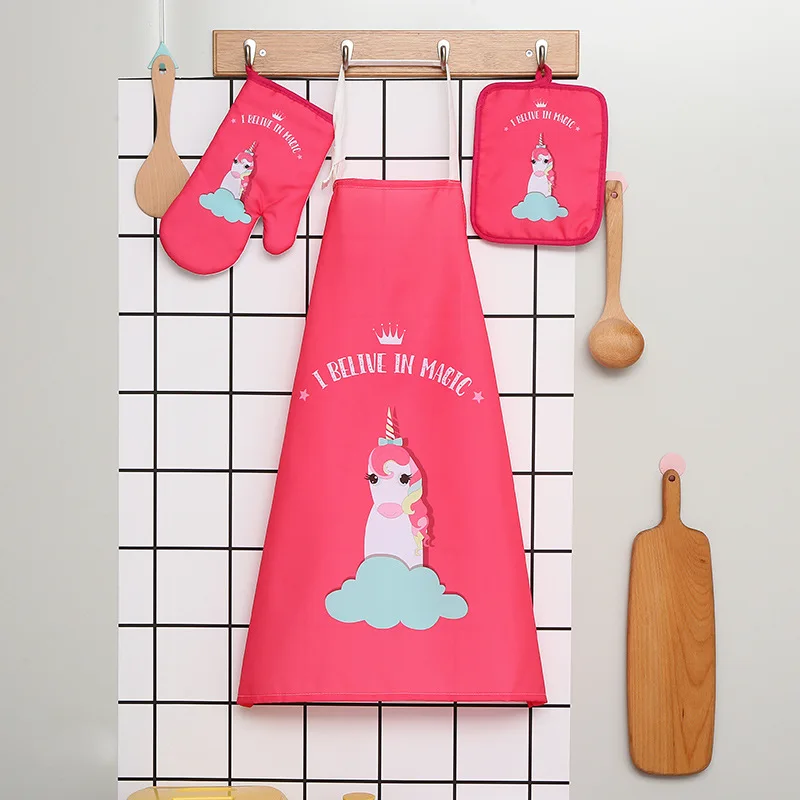 Digital Printed Three-Piece Set Waterproof Waist Apron Stain-Resistant Non-Fading Thermal Insulation Gloves Anti-Scalding Mat