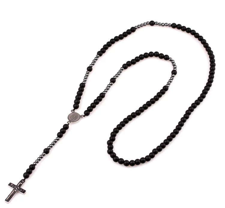 Stainless Steel Cross And Matte Onxy Hematite Beaded Handmade Rosary Men Necklace