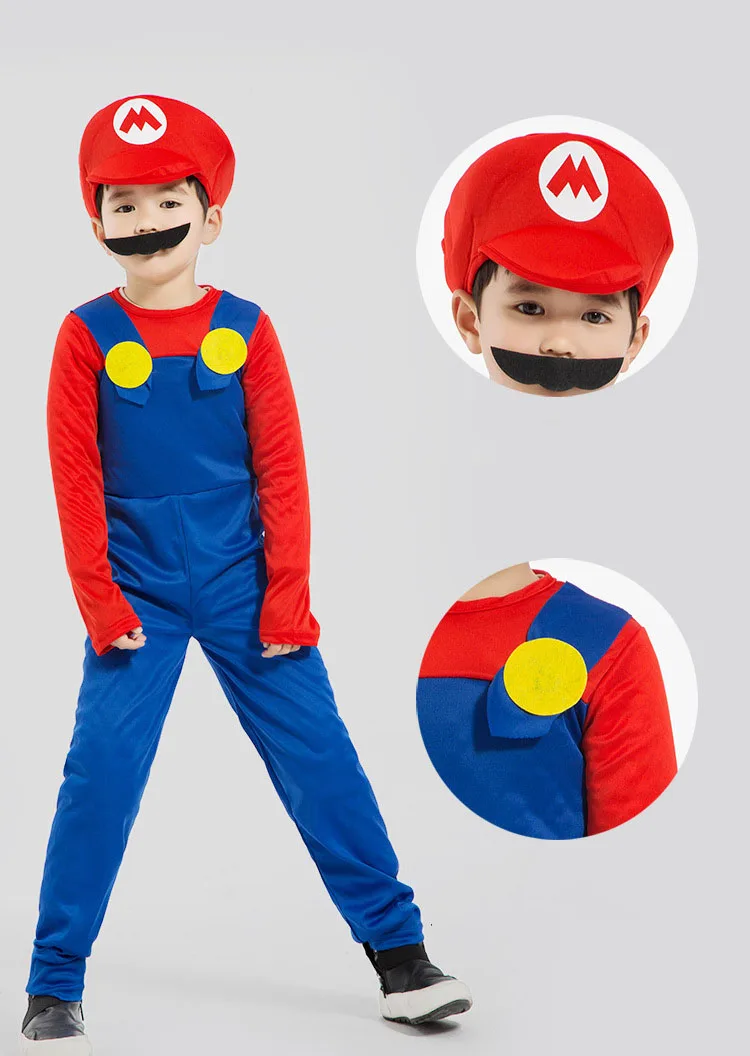 LMY Child Performance Wear Role Boy Dance Play Super Mario Bros Suits Halloween Costume Anime Cosplay Jumpsuits Dress Clothes