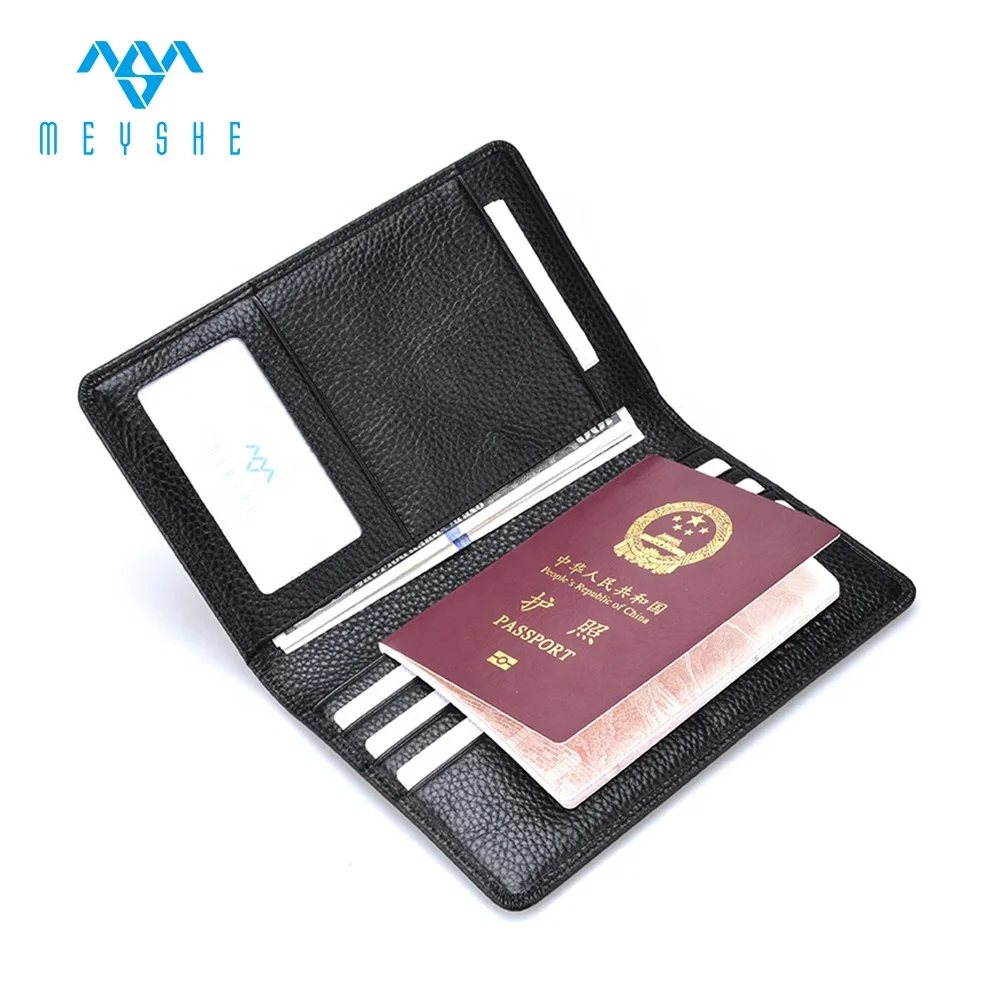 Factory price hot sale black genuine leather family travel wallet passport card holder