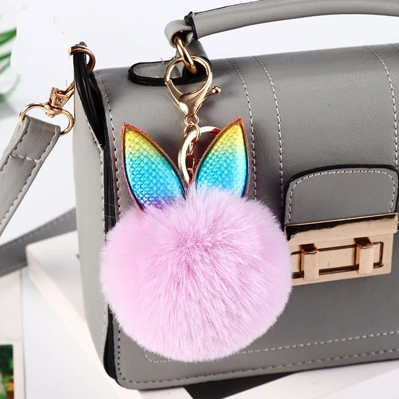 Fancy Fluffy Faux Fur Pompom Rabbit Ear Key Chain Faux Rabbit Fur Keychain