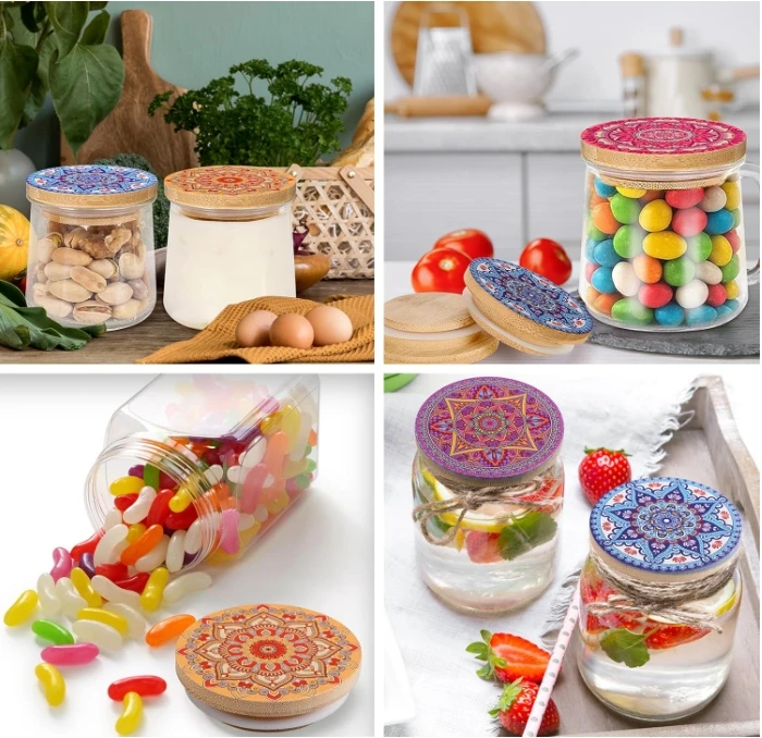 W460 Yogurt Jar Lids Reusable Bamboo Mandala Pattern Lids with Silicone Sealing Rings
