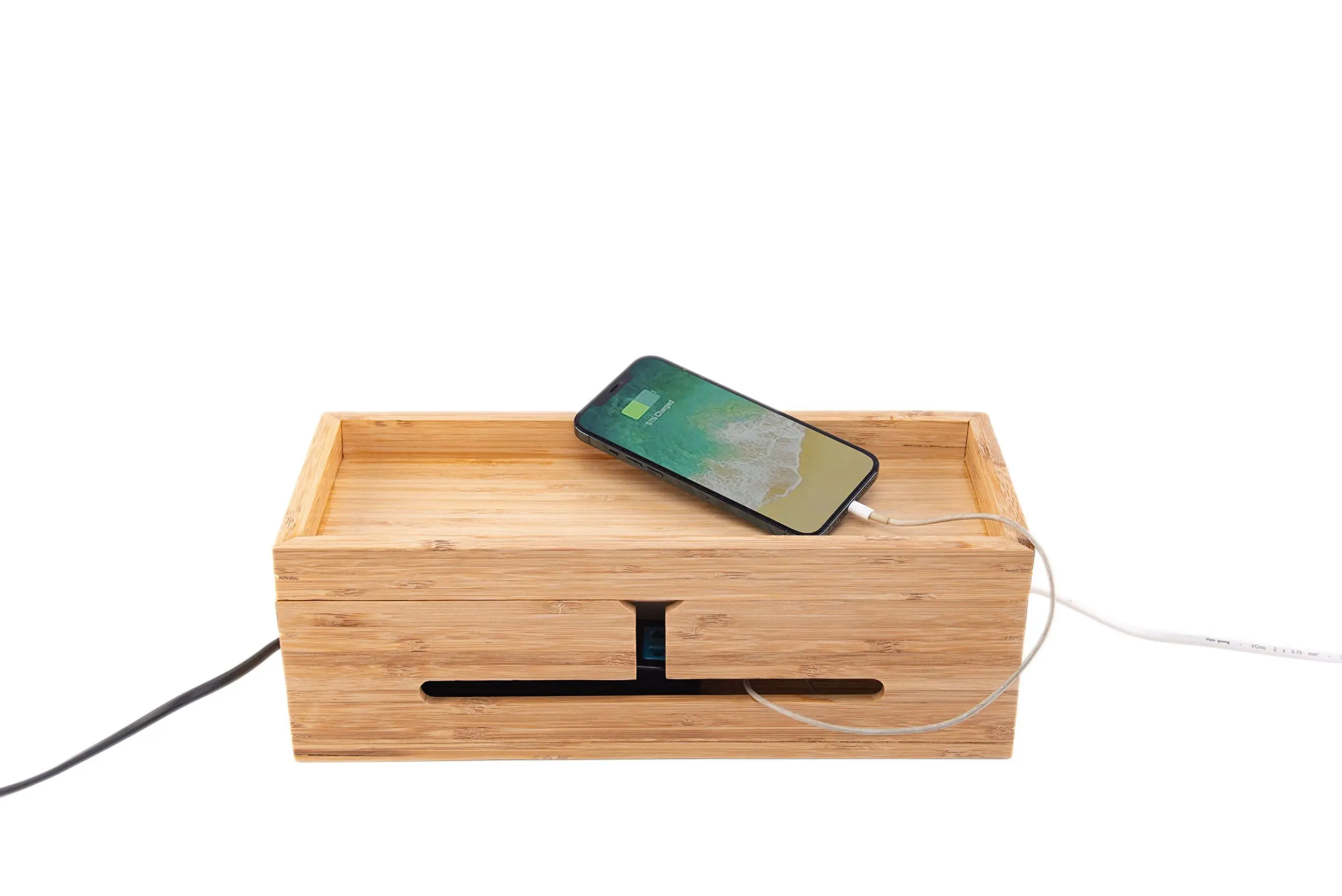 Bamboo Cable Management Box Stylish Cord Organizer Box Conceal Power Strips Electrical Cords from TV Computer USB Hub