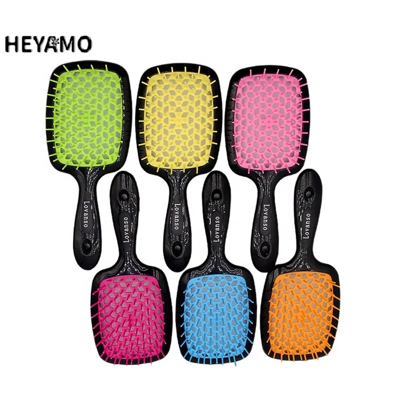 HEYAMO Vent Durable Hollow Detangling Brush Massage Comb Deman Brush Private Logo Curved Wave Hair Brush