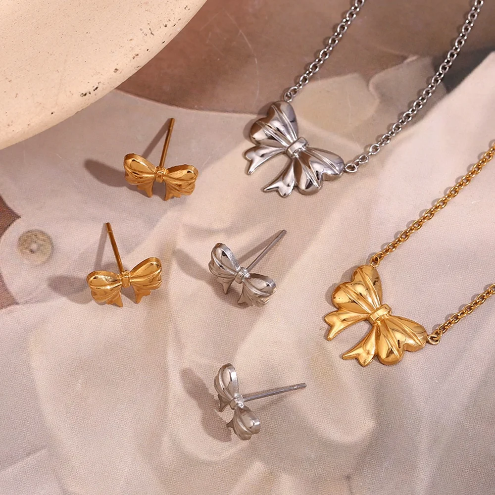 Chic Engraved Bow Earrings 18k Gold Plated Jewelry Set Stainless Steel Jewelry