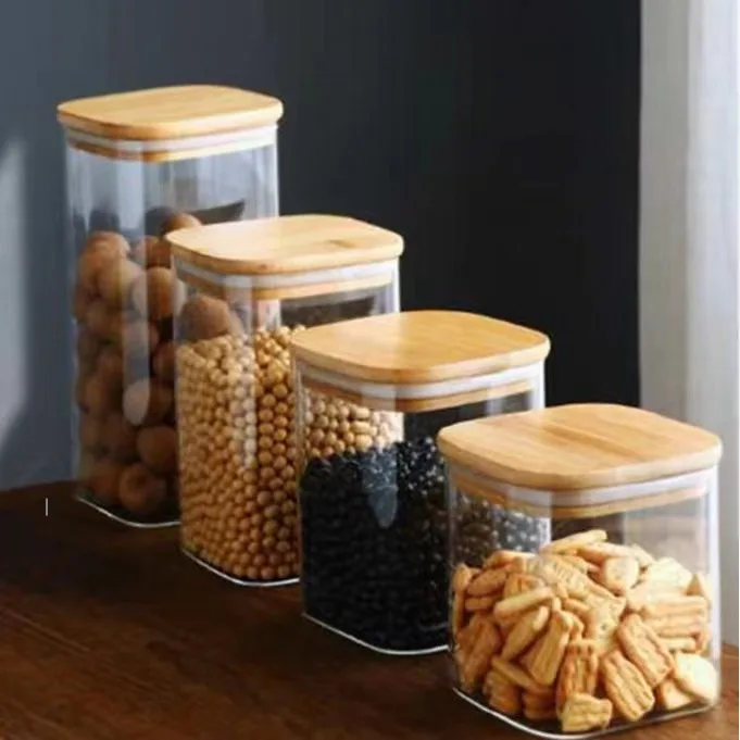 Kitchen Canisters Glass Food Storage Jars with Bamboo Wooden Lids For Sugar,Candy Containers