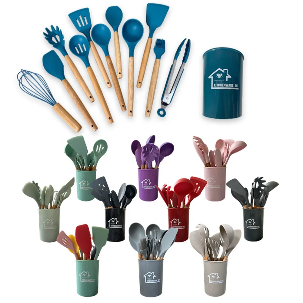 12 Pieces In 1 Set Silicone Kitchen Accessories With Wooden Handles Cooking Tools Kitchenware Kitchen Utensils