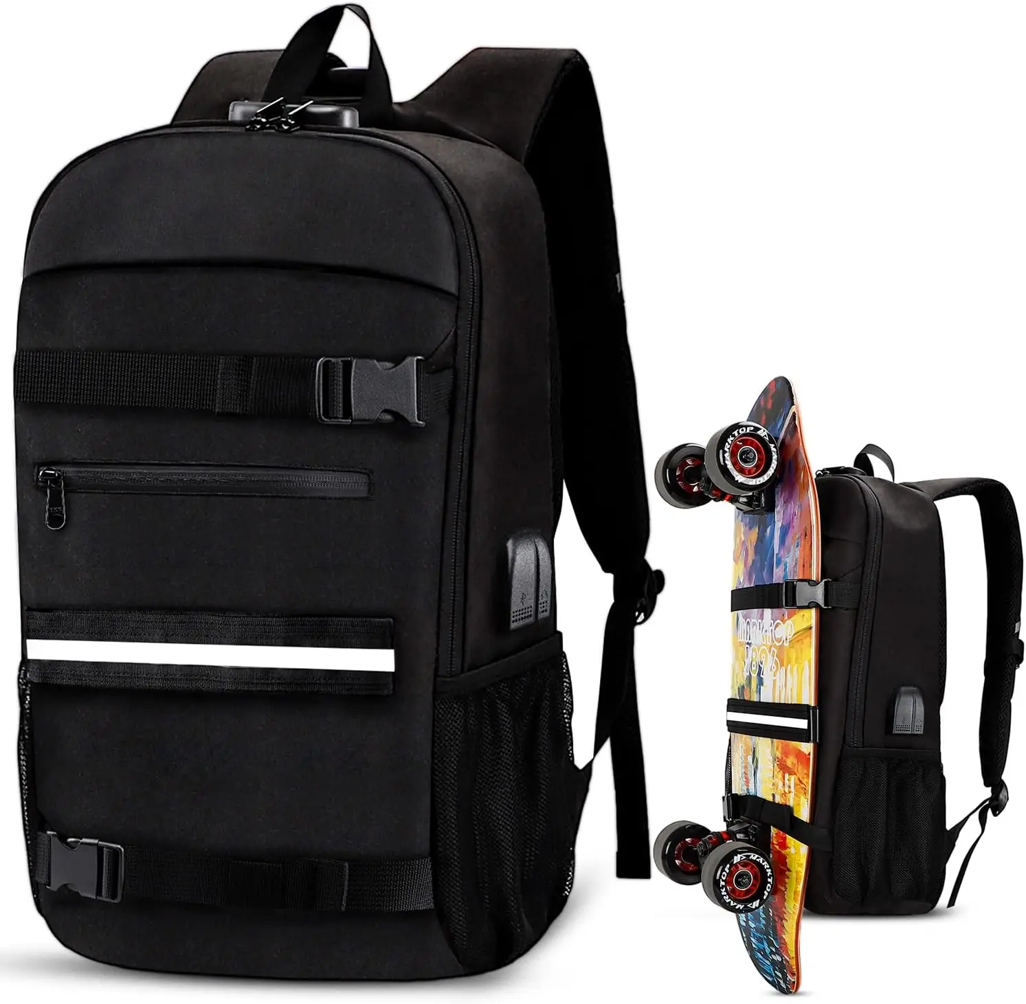 Water Resistant 17 inch Laptop Backpack with USB Charging Port Anti-Theft Confortable Skateboard Bag Sport Skateboard Backpack