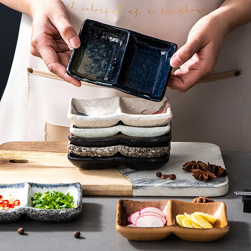 Japanese creative ceramic two grid plate double grid plate personality hot pot divided grid dipping plate Korean barbecue soy sa