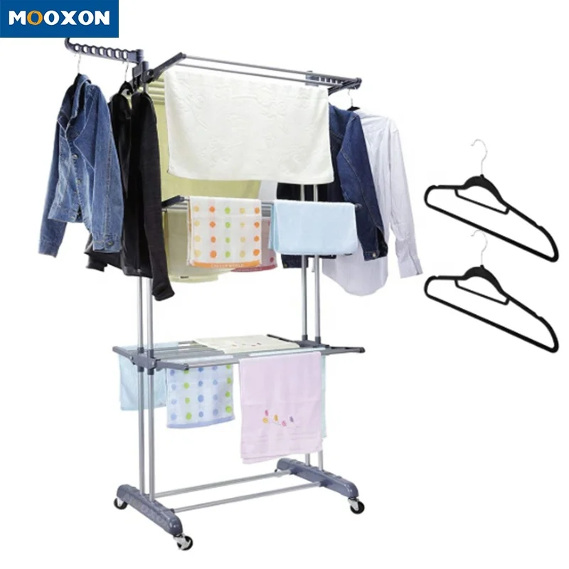 Laundry 3 Tier Foldable Multipurpose Coat Cloth Hat Racks Organizer Hanging Clothes Hanger Clothing Display Drying Cloth Rack