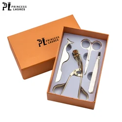 pink custom stainless steel false eyelash tweezer eyebrow scissor clip with lashes curler applicator 4pcs set