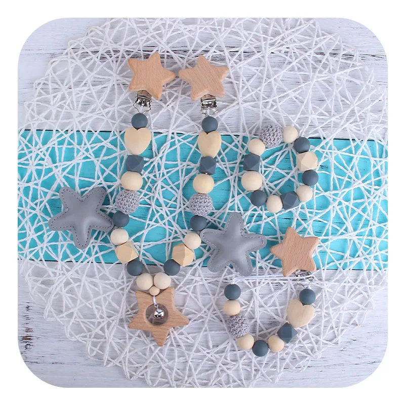 New Style 3pcs/Set Teething Crochet Beads Bracelet Wooden Pacifier Clip Chain Baby Soothe Pacifier Chain Set