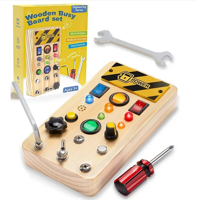 Children Wooden Switch Smile Face Toys Kids Early Educational Kids LED Light Power Button Game Montessori Bear Busy Board